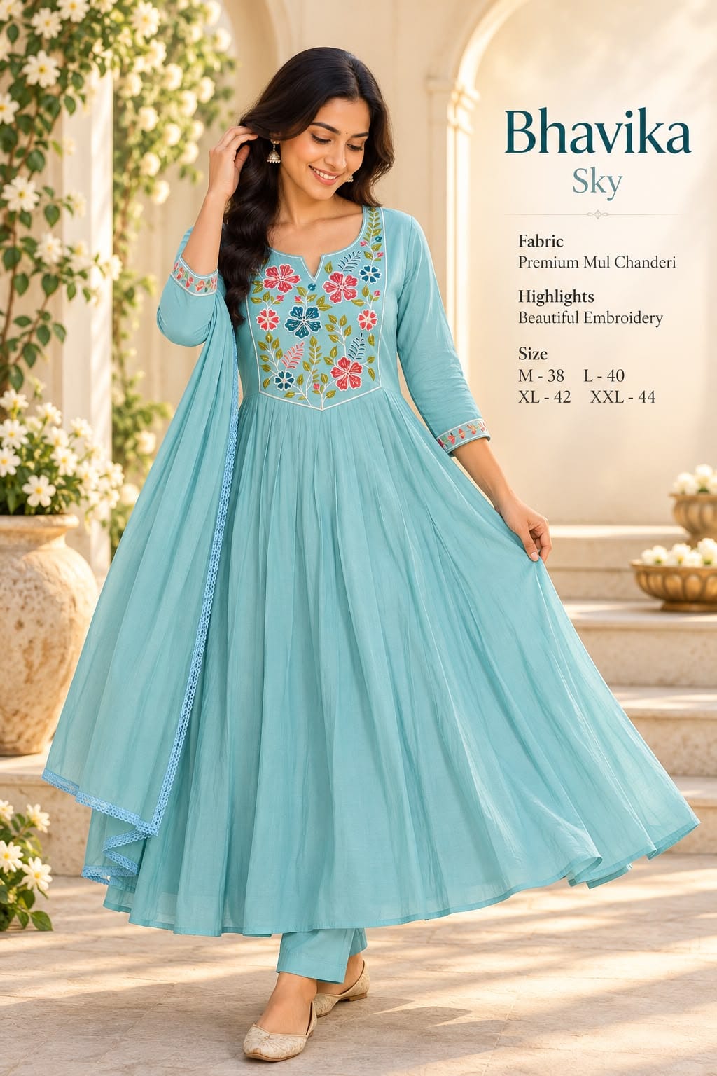 Pastel Anarkali Suit Set with Floral Embroidery (3-Piece)