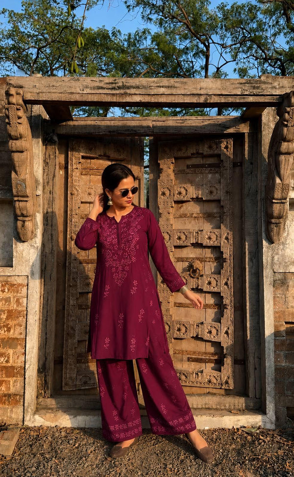 Embroidered Rayon Cotton Kurti & Palazzo Co-ord Set – Wine
