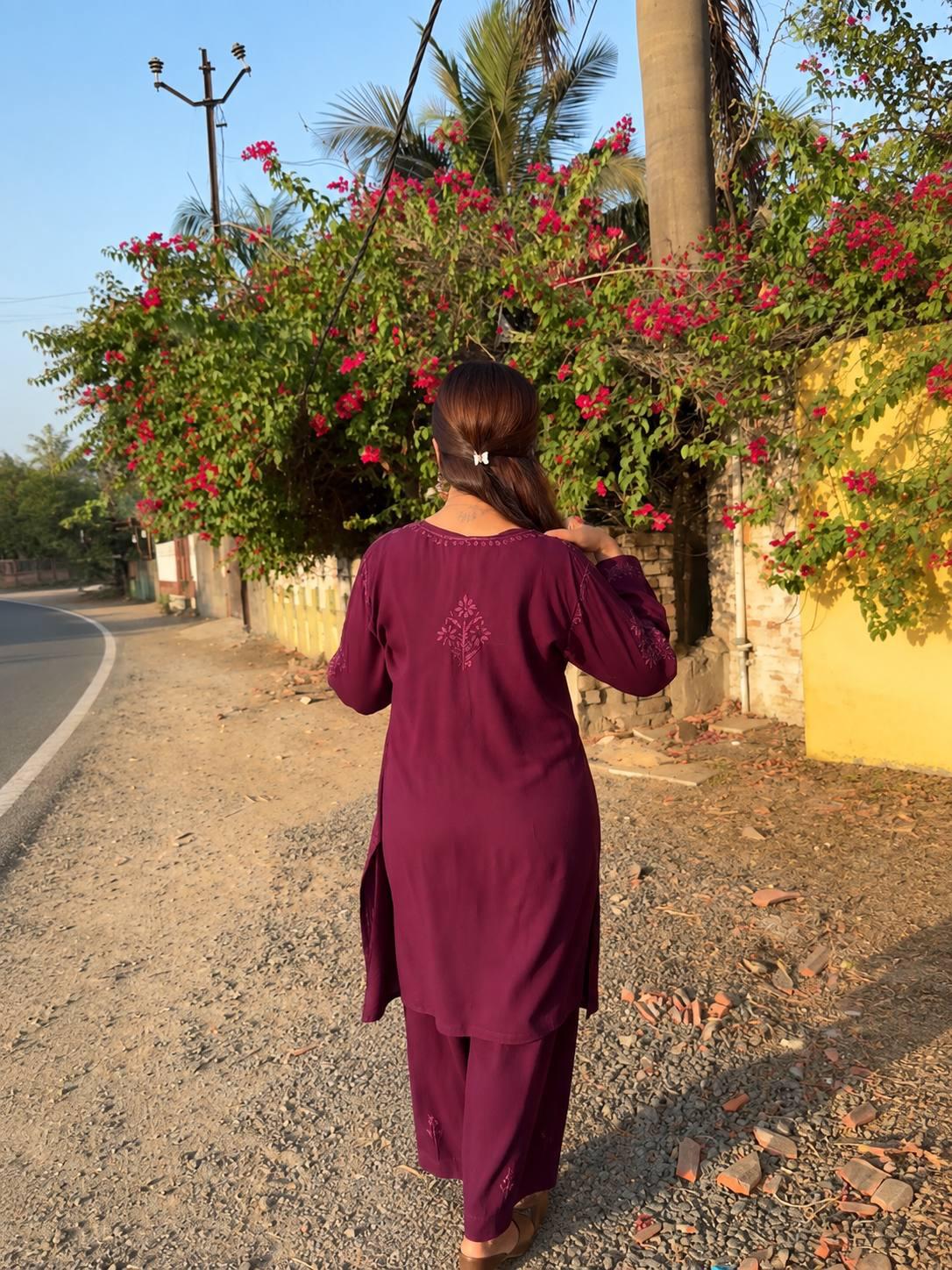 Embroidered Rayon Cotton Kurti & Palazzo Co-ord Set – Wine