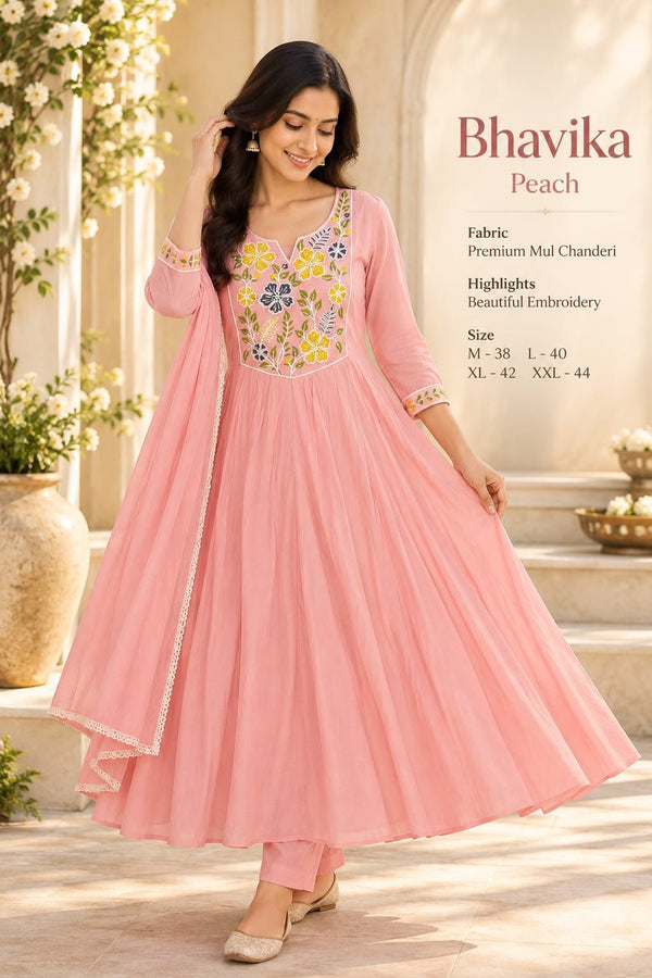 Pastel Anarkali Suit Set with Floral Embroidery (3-Piece)