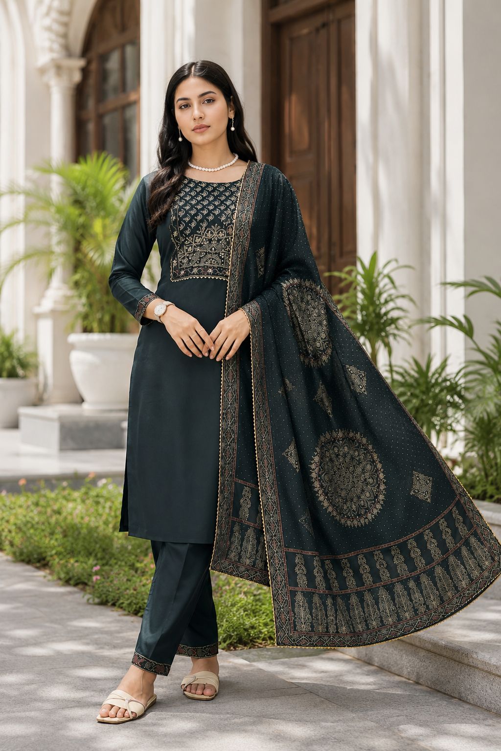 Modal Chanderi Kurti Set with Foil Print and Hand Work (3-Piece)