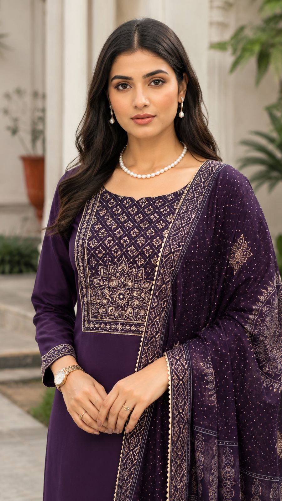 Modal Chanderi Kurti Set with Foil Print and Hand Work (3-Piece)