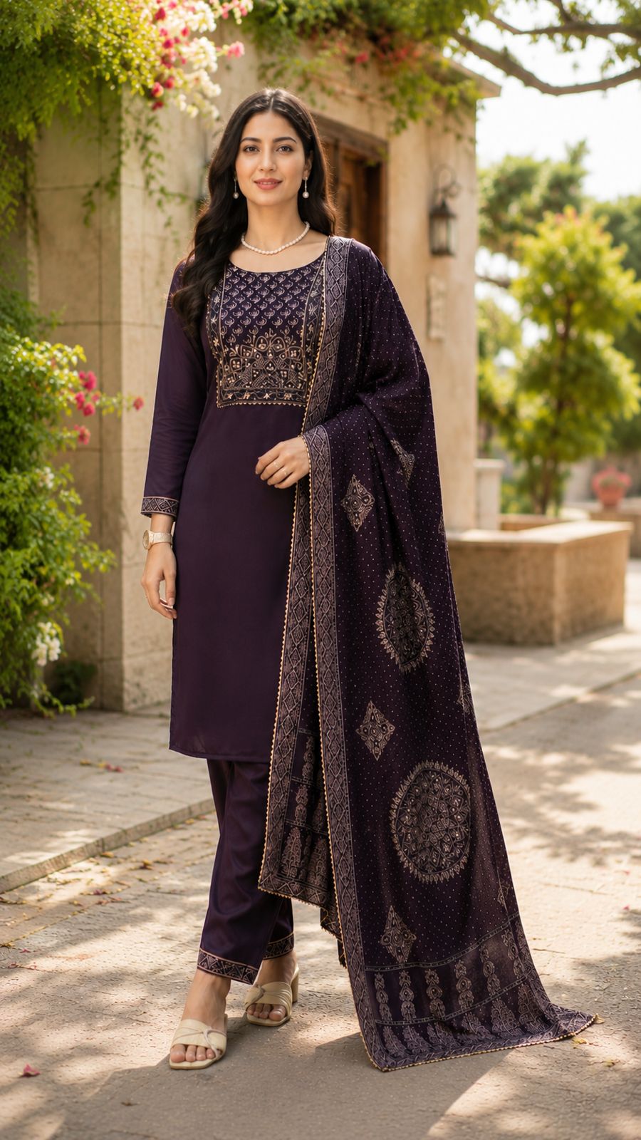 Modal Chanderi Kurti Set with Foil Print and Hand Work (3-Piece)