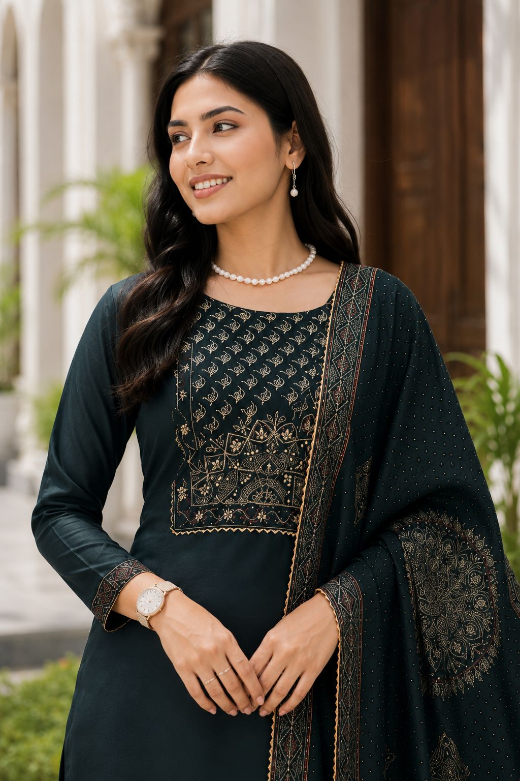 Modal Chanderi Kurti Set with Foil Print and Hand Work (3-Piece)