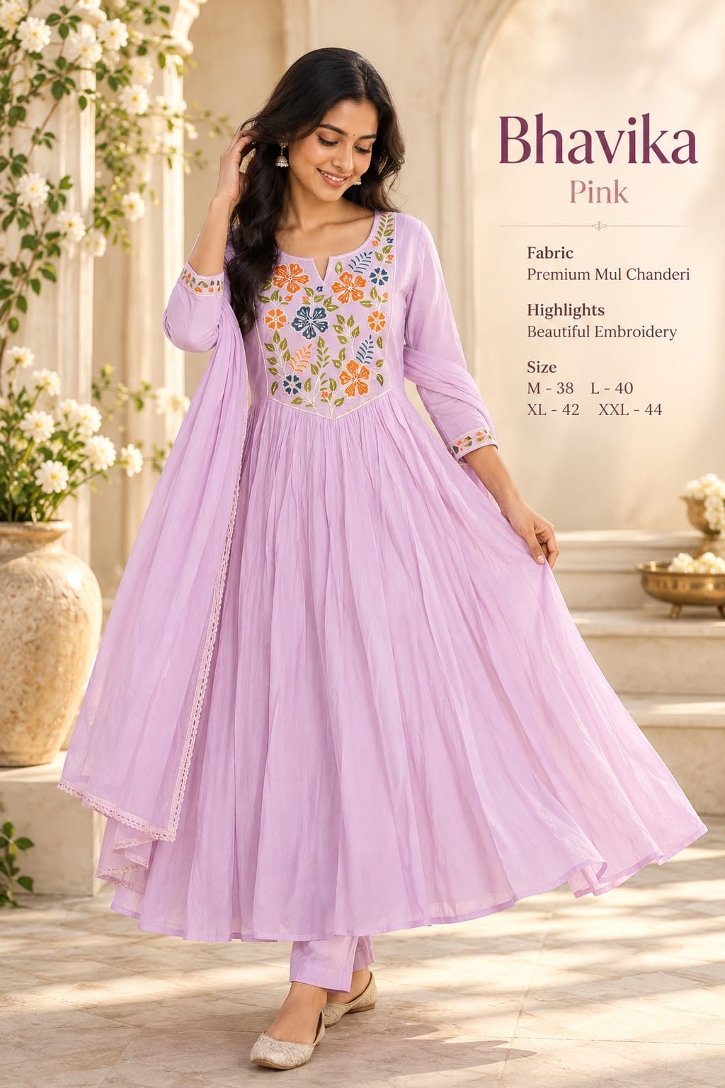 Pastel Anarkali Suit Set with Floral Embroidery (3-Piece)
