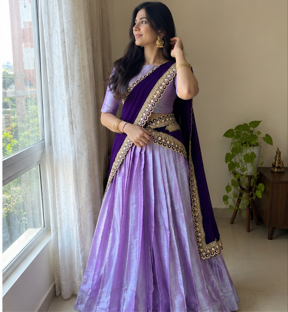 Lavender Jacquard Silk Lehenga Choli with Embroidered Dupatta