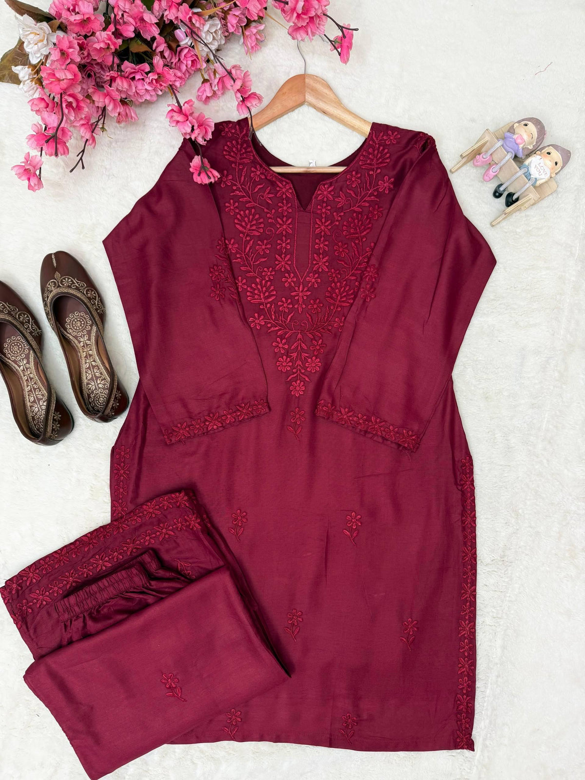 Embroidered Rayon Cotton Kurti & Palazzo Co-ord Set – Wine